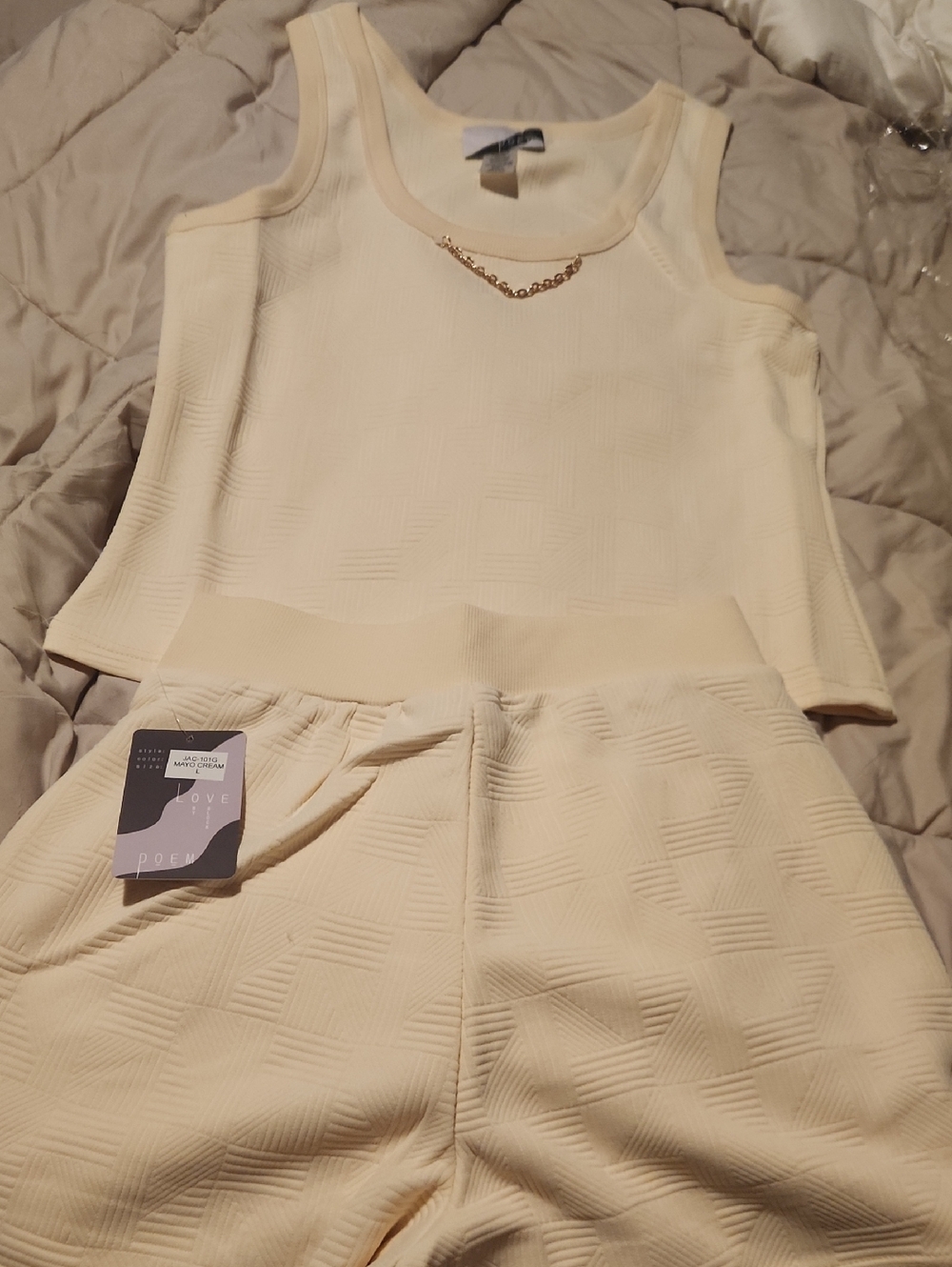Cream Textured Tank and Shorts Set - POEM